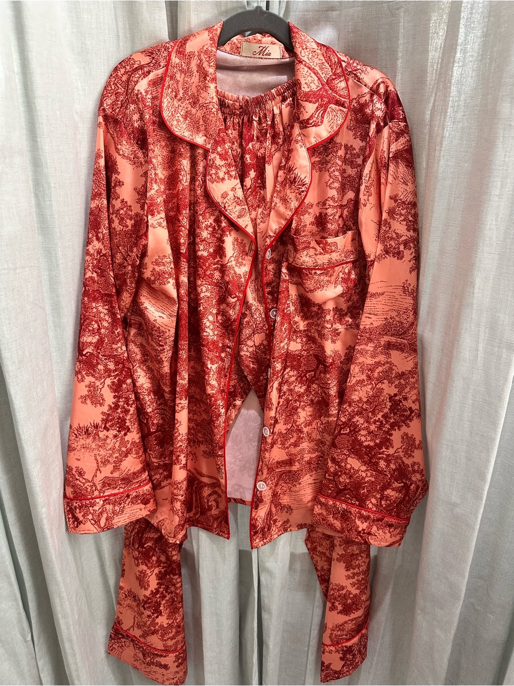 Mia Satin Toile Print 2-Piece Pajama Set Peach & Red size S